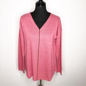 Soft Surroundings pink bronze beaded trim v neck knit top size Medium